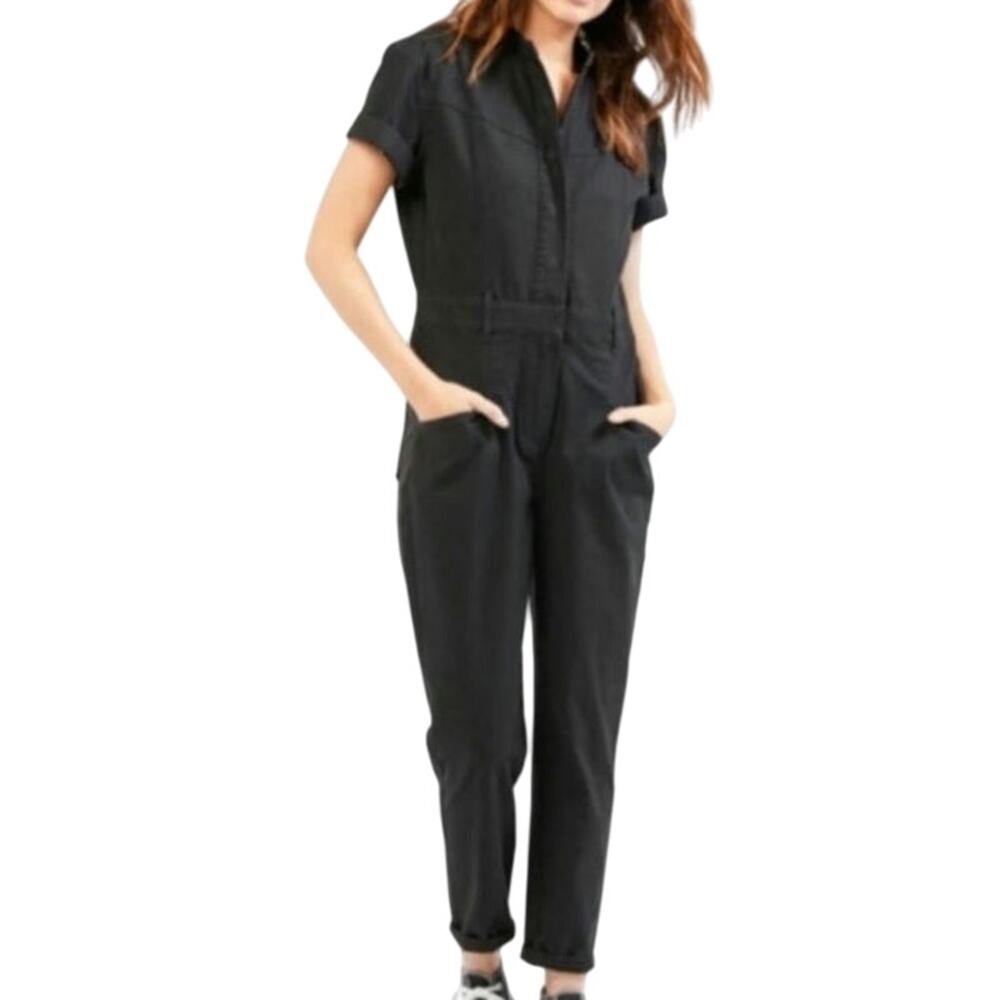 Outerknown Black Recycled-Organic Cotton Denim Short Sleeve Utility Jumpsuit